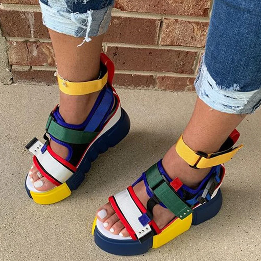 

Velcro Platform Open Toe Platform Colorful Color Block Sandals Women 2020 Summer Fashion Casual Outdoor Beach Shoes 4 Colors