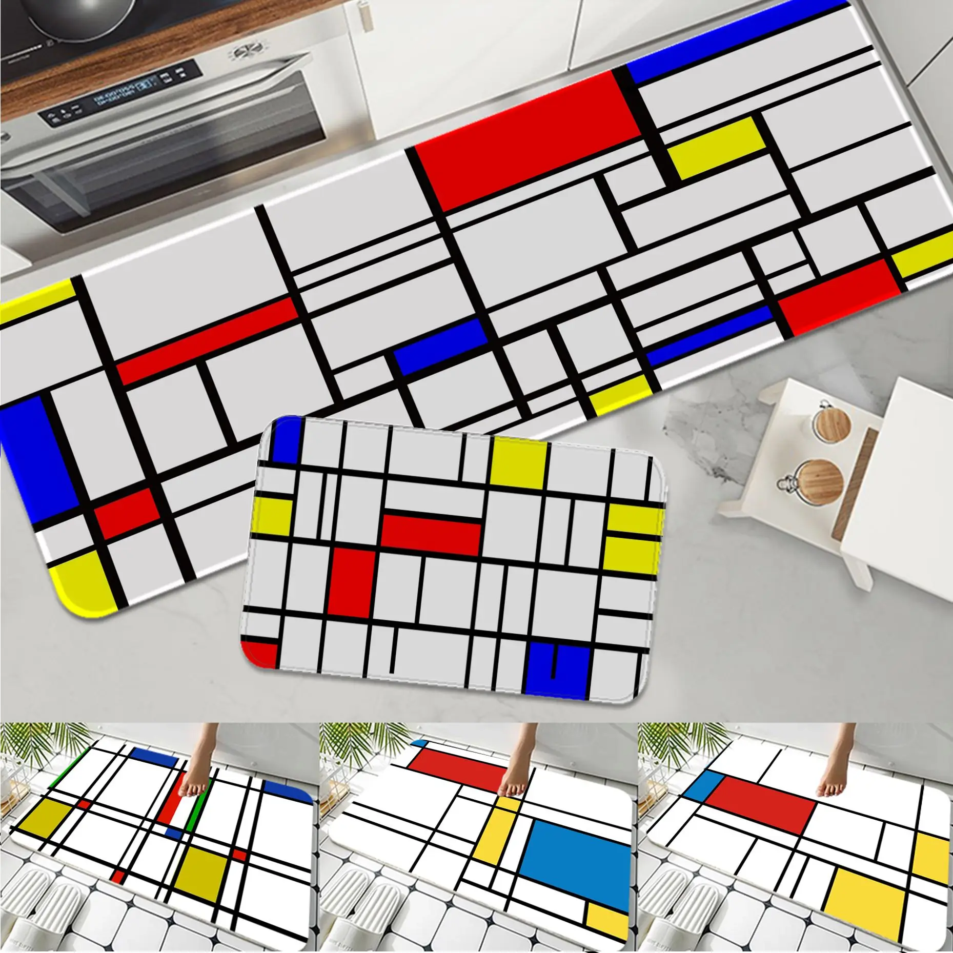 

Modern grid Art Printed Flannel Floor Mat Bathroom Carpet Bedroom Entrance For Decoration Living Room Kitchen welcome Doormat