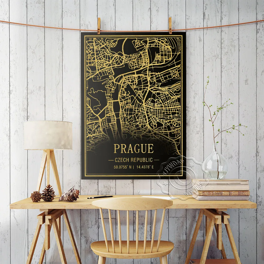 Чехия Прага черно-Золотая карта изображения постер география