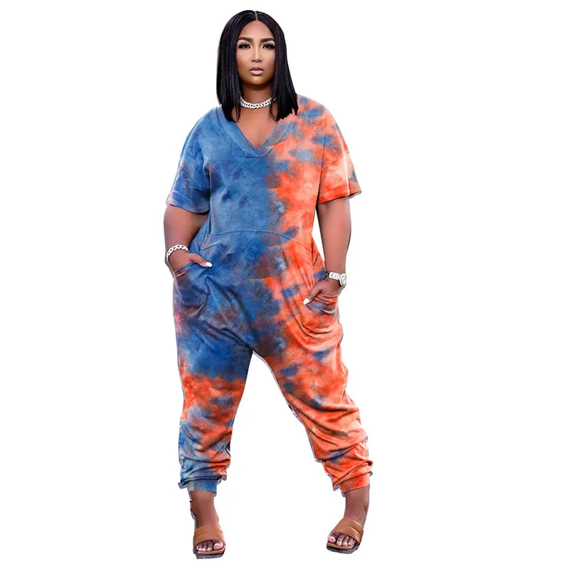 Plus Size 5XL Women's Clothing Sexy V Neck Personality Tie Dye Printing Fashion Street Wear Short Sleeved Casual Loose Jumpsuit