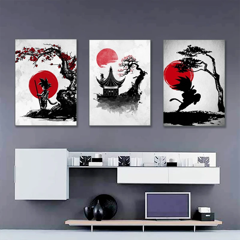 

Canvas Painting Poster Print Japan Artwork Goku Anime Characters Black White Red Colors for Home Rooms Gallery Wall Decoration
