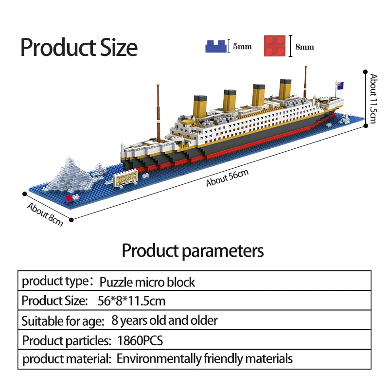 

Mini Building Blocks RMS Titanic Ship 3D Model Micro Boat DIY Figures Assemble Bricks Education Toys for kids Creator 1860PCS