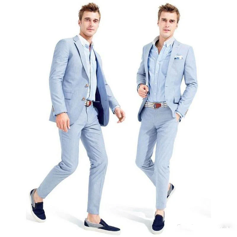 Light Blue Men Suits Wedding Suits 2 Pieces Summer Suits Smart Casual Prom Wear Formal Men Blazers Handsome Groom Tuxedos Jacket