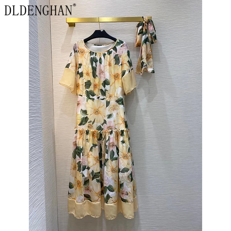 

DLINGHAN Fashion Camellia Floral Print Summer Dress Women's Short Sleeve Elegant Party Midi Dresses 2021 Designer New