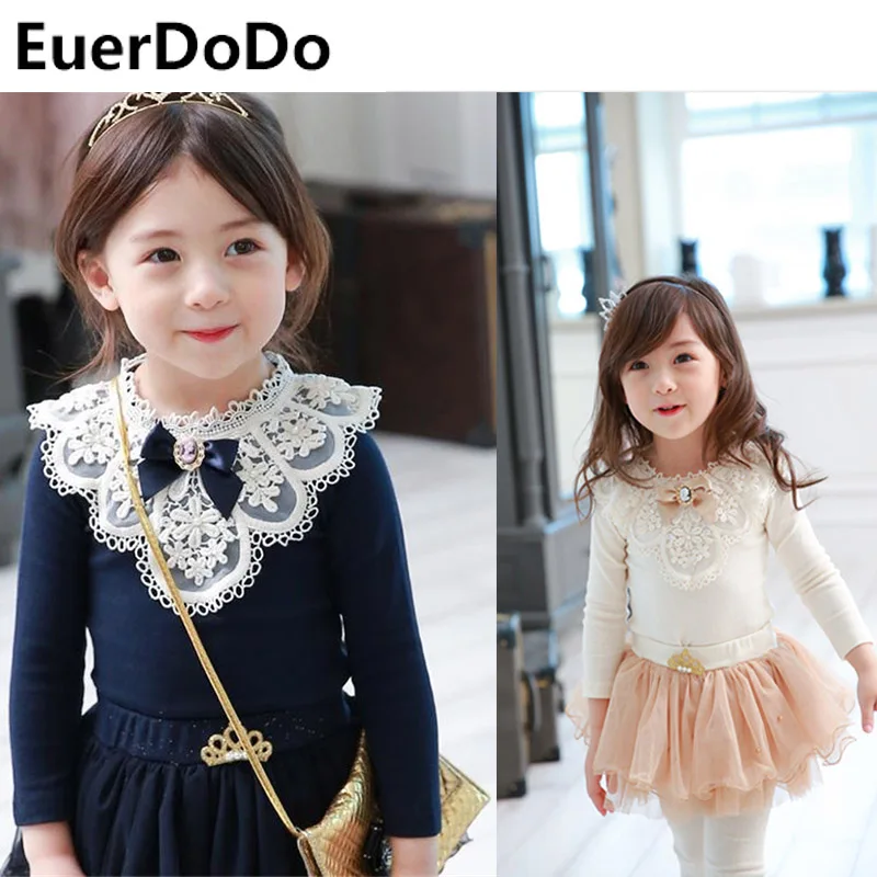 

Toddler Children T-Shirt Lace Flower Round Collar Tops For Girls Long Sleeves Sweatshirts Casual Cotton Blouse Clothes