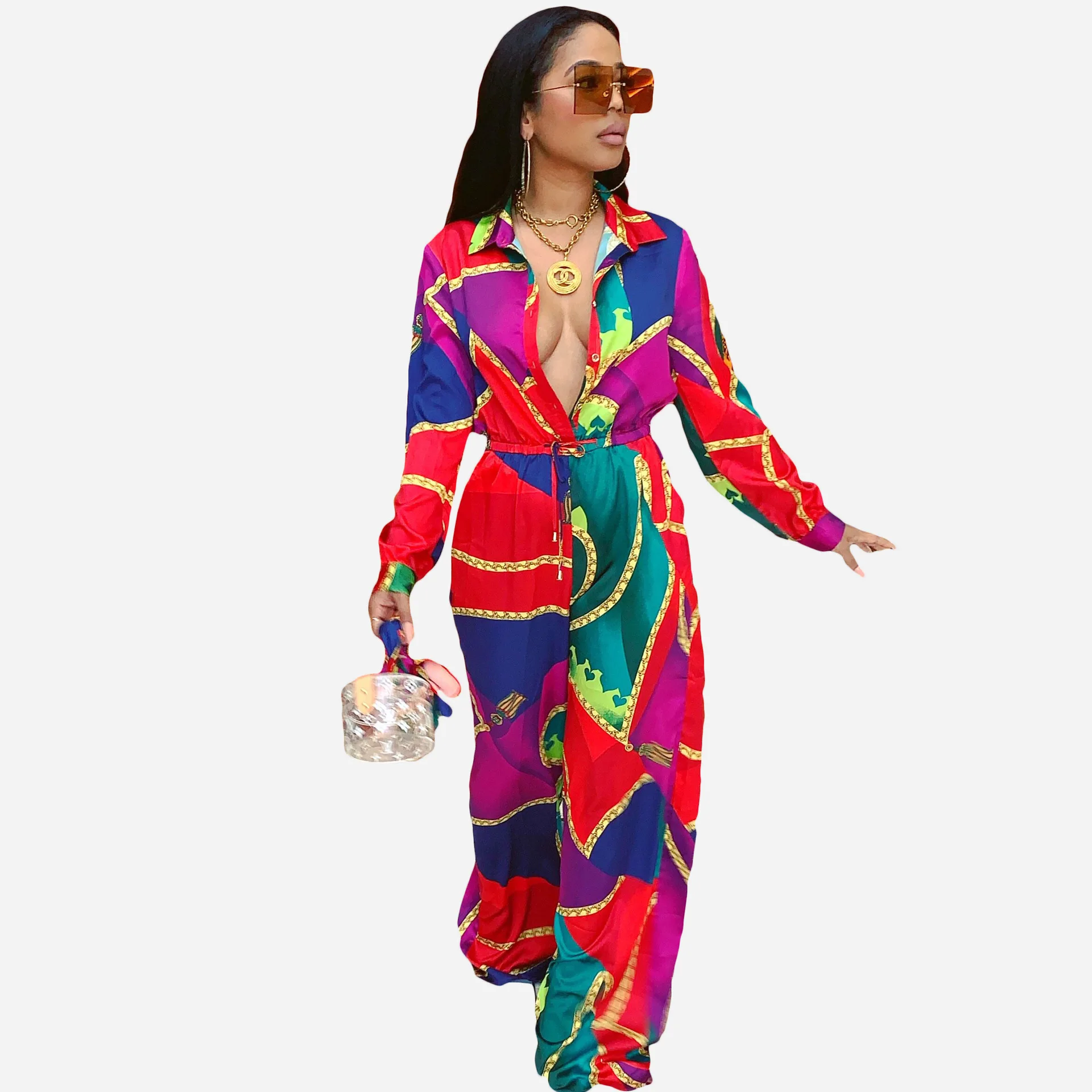 Женский цветочный принт длинный рукав отложной Детский комбинезон с воротничком