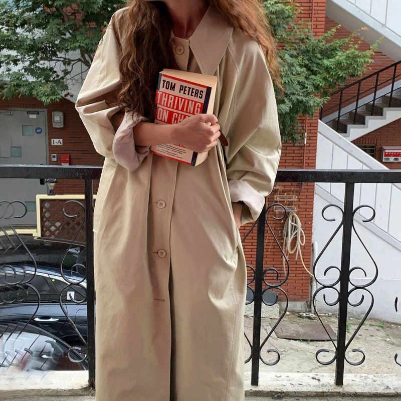 

Autumn Cotton Khaki Long Trench Coat for Women Oversize Single Breasted Thick Windbreaker with Belt Outerwear Female