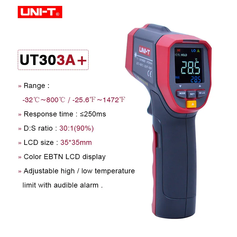 UT303A UNI-T Бесконтактный измеритель температуры UNI-T UT300A+ Серия лазерный ИК инфракрасный термометр инфракрасный температурный пистолет с ЖК-подсветкой - Цвет: UT303A