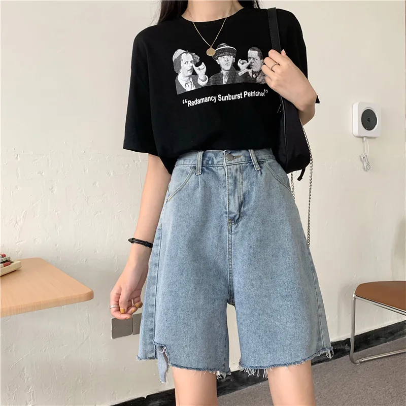 

Женские свободные джинсовые шорты, рваные брюки с эластичным поясом, тонкие Пятиточечные короткие джинсовые брюки для девочек, Новинка лет...