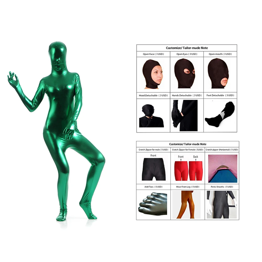 

2018 Free shipping bodysuit metallic Shiny Green women's Unitard Catsuits Metallic Footed Zipper Zentai Bodysuit can Customize