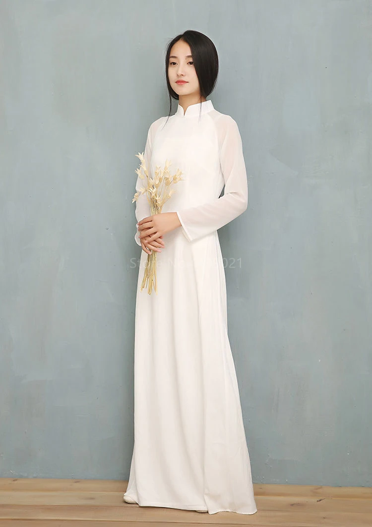 Vietnam Ao Dai White Solid Chiffon Perspective Dress for Woman Chinese Cheongsams Full Sleeve Female Oriental Dress