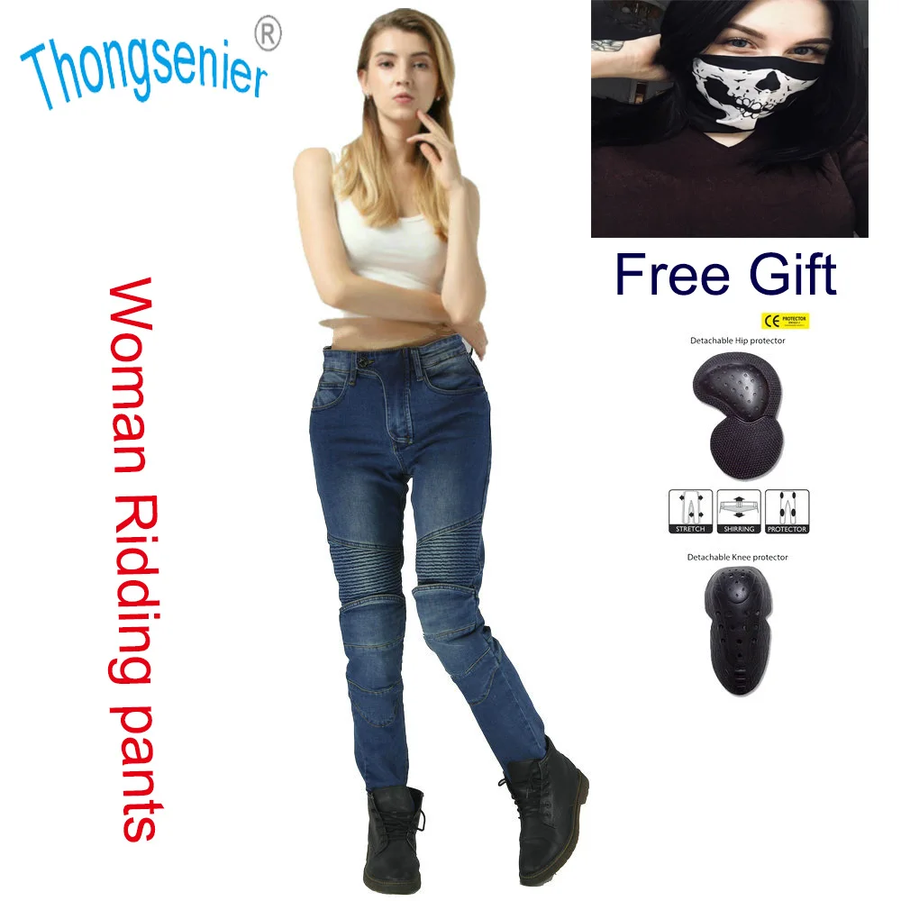 

NEW fashion MOTO pants Motorbike Jeans for Womens stretch Silver blue and black pants with FOUR protector Armor Knee