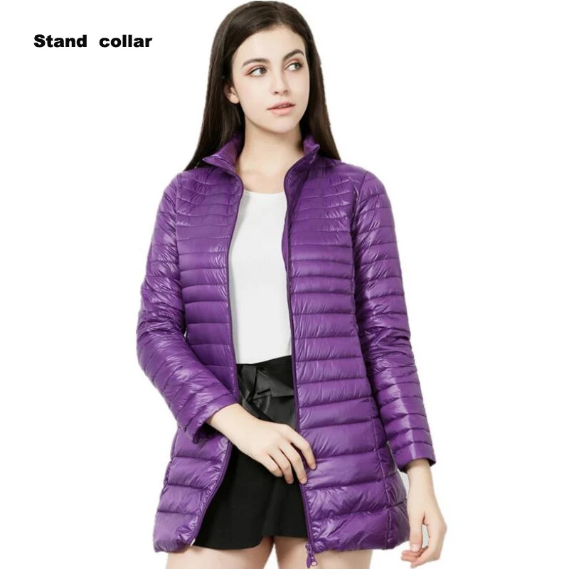 stand collar purple Женское пальто, 90% белая куртка на утином пуху, женский ультра-светильник, длинное пальто с капюшоном, женские теплые парки, Casaco Feminino Jaqueta Parka - Цвет: stand collar purple