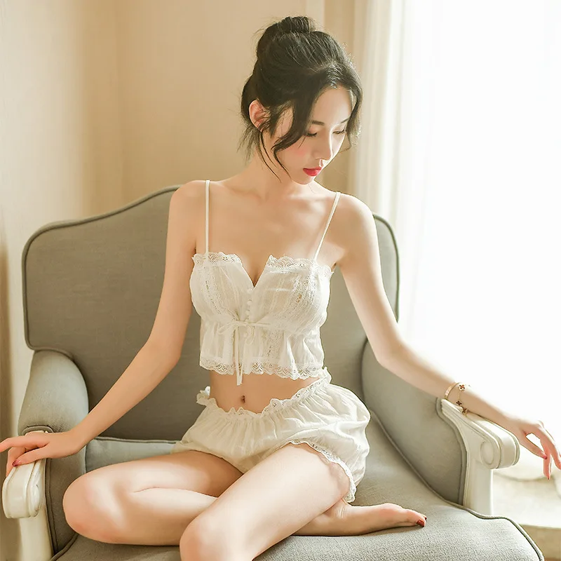 Babydoll Crop & Shorts Pajamas Sets Sexy Lace Pyjamas Women V-neck Pijama Summer Sleepwear Nightwear Lingerie Female Underwear | Женская