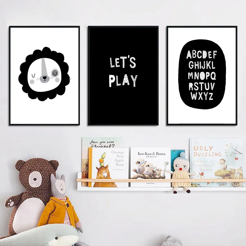 

Scandinavian Black and White Nursery Print Picture Alphabet Lets Play Canvas Posters Minimalist Painting Wall Art Kid Room Decor