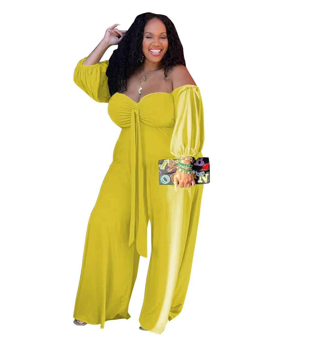 

Plus Size Women Jumpsuit Off Shoulder Solid Color Pulf Sleeve Long Wide Pants Streetwear Autumn Clothes For Women Outfit