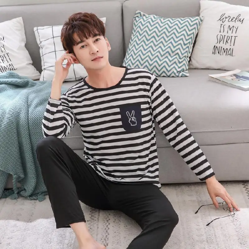 

2021 New Fashion Spring and Summer Casual Men Loose Round Neck Long-Sleeved Trousers Cartoon Printed Pajamas Set 2/pce