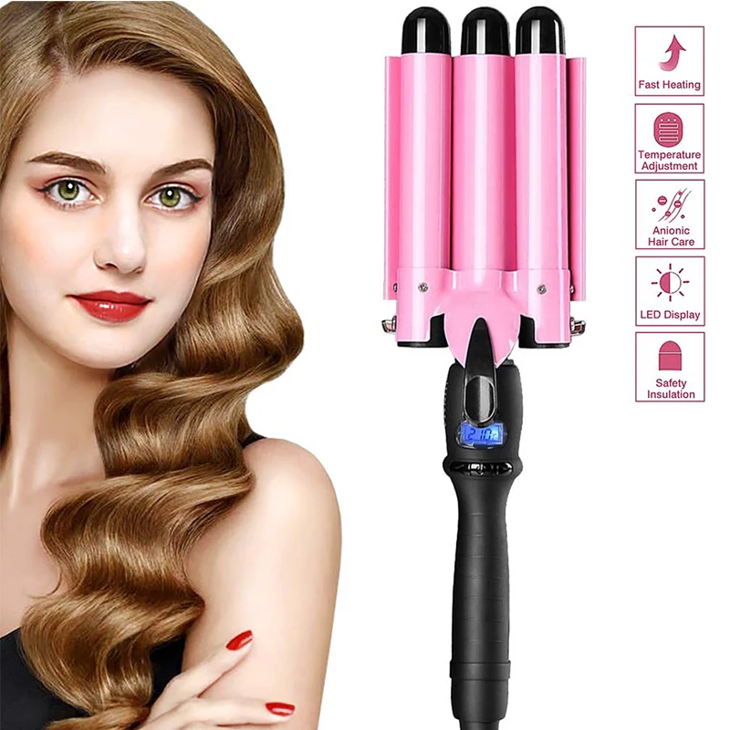 [2020 UPGRATED VERSION]3 Barrel Hair Curler Waver with LCD Temp Display, Fast Heating Triple Barrel Hair Curling Iron