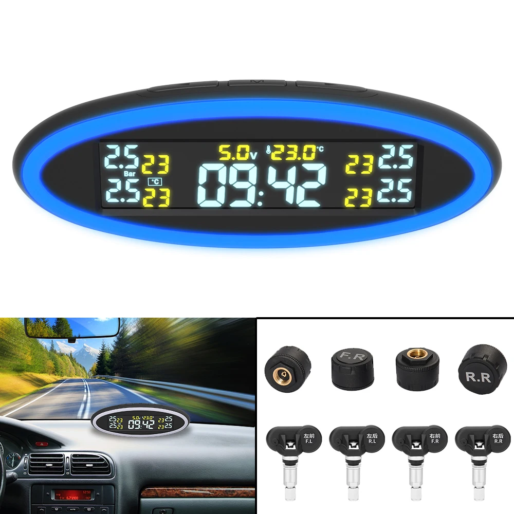 

4 Sensors Car TPMS USB ACC OBD Mini Charger Tire Pressure Monitoring System Digital Clock LED Atmosphere Light