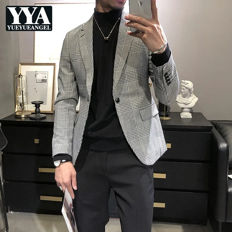 

Men Spring Plaid Blazer High Quality Business Casual Slim Suit Jacket Fashion Single Button Formal Outerwear Plus Size 4XL