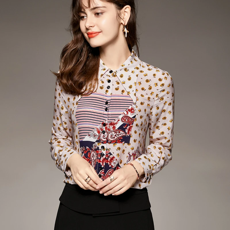 

100% Silk Women's Shirt Turn Down Collar Long Sleeves Floral Printed Fashion Casual Blouse Tops