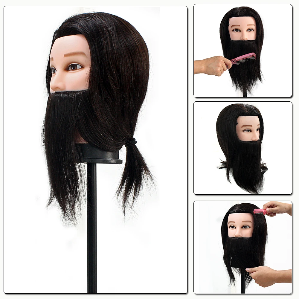 

100% Male Real Human Hair Mannequin Practice Training Head With Beard Barber Hairdressing Manikin Doll Head For Beauty School
