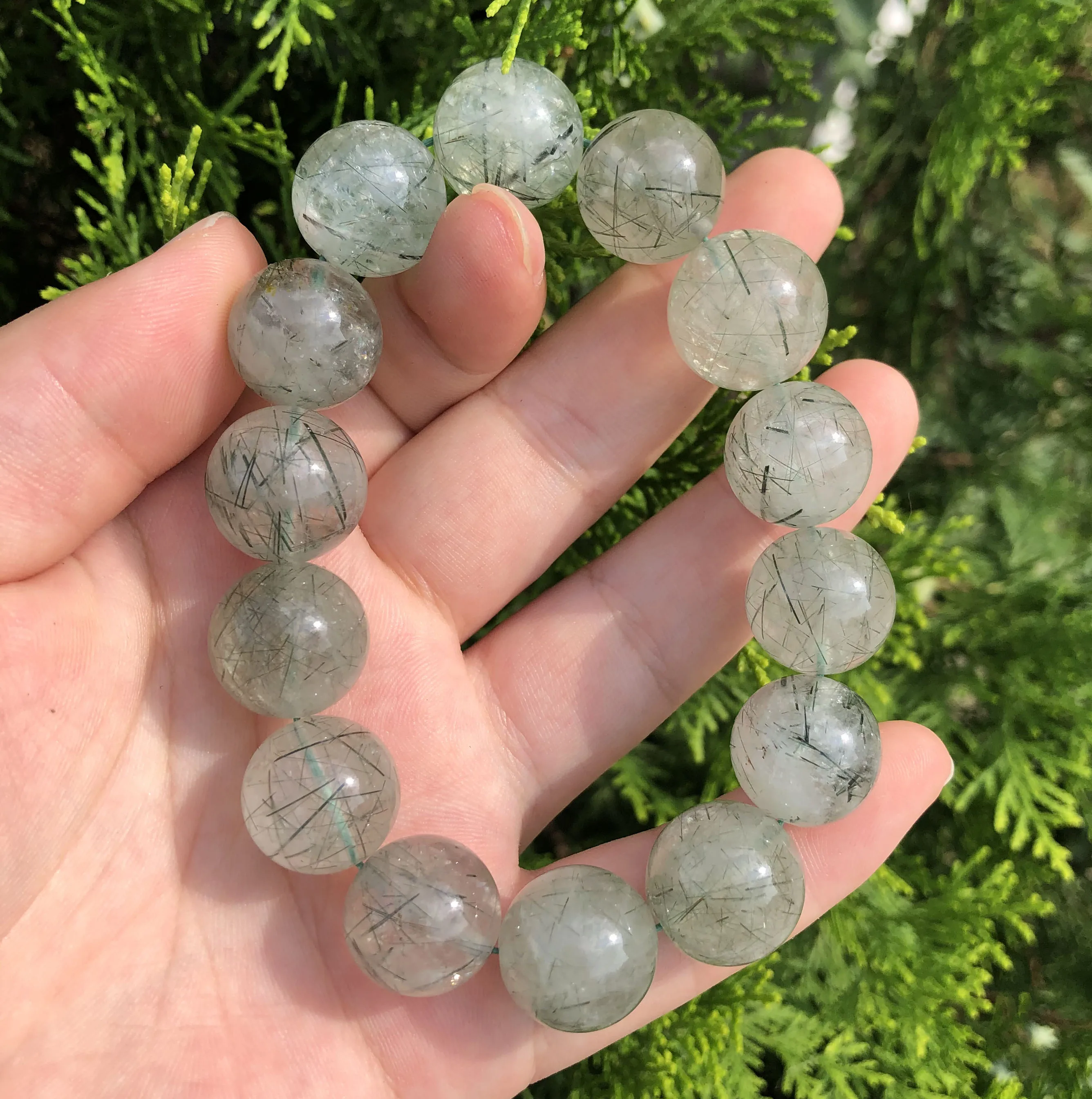 

1Pcs 13mm Green Hair Quartz Bracelet Natural Crystal Stone Hand Strings For Healing