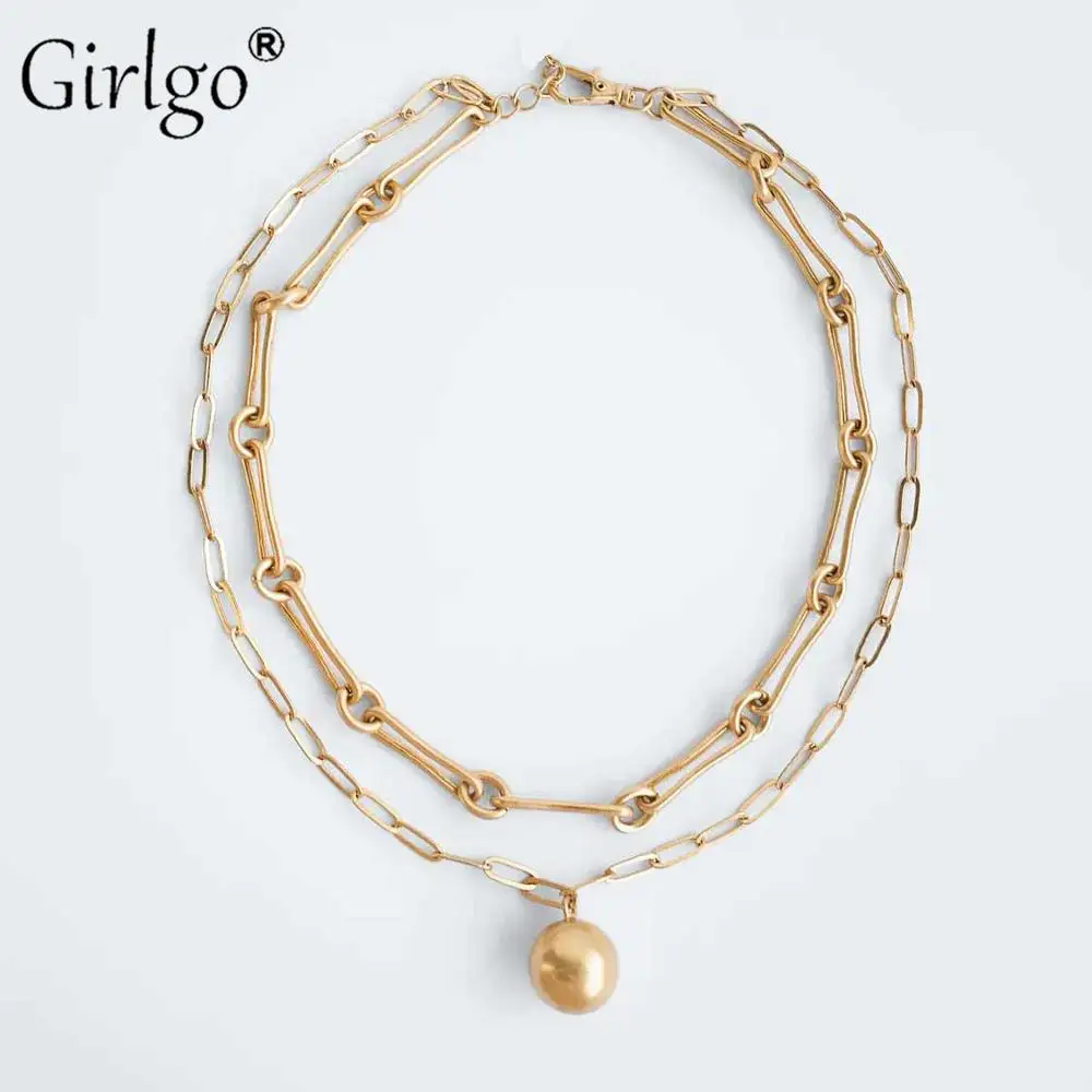 Женское колье с двумя шариками Girlgo металлическое ожерелье золотистого цвета 2020