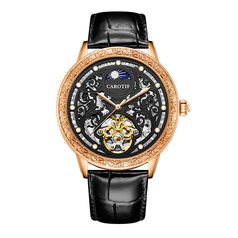CAROTIF Top Brand Luxury watch hollow skeleton automatic mechanical Man watches fashion waterproof leather strap Wristwatch