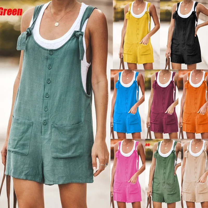 New Women Rompers Summer Casual Loose Sleeveless Jumpsuit Solid Button Pocket Suspenders Bib Short Pants Wide Leg Playsuits 2020