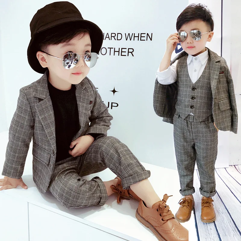 

Checkered Baby Boy School Uniform Gray Formal Kids Wedding Suits Classic Children Ceremony Outfit Gentleman Child Clothes Set