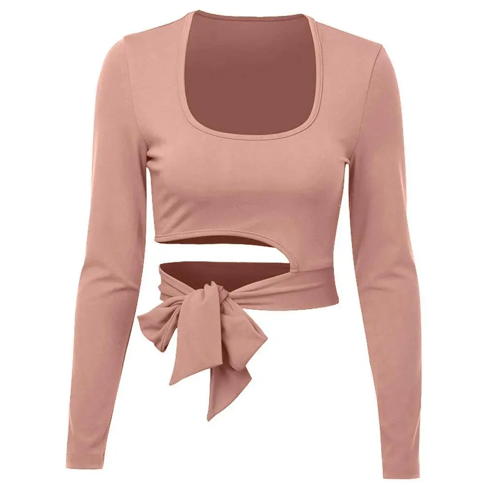 

Women Casual Round Neck Long Sleeve T-Shirt Irregular Bandage Crop Top Blouse
