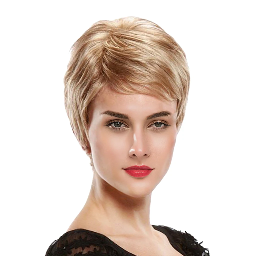 Light Gold 8 дюймов короткие прямые парики человеческих волос Pixie Cut шикарный парик для женщин с челкой-коричневый/винный красный/золотой/светло-Золотой/Серебряный опционально - Цвет: Light Gold