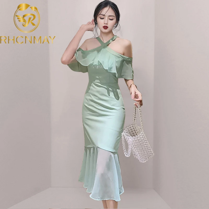 

Women Ruffles Off the Shoulder Halter Dress High-end Elegant Dresses Summer Office Bandage Sexy Party Mermaid Dress Vestidos