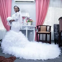 africa mermaid wedding dress 2022 boat neck appliqued 34 sleeves long train ruffles bridal wdding gowns vestidos de noiva