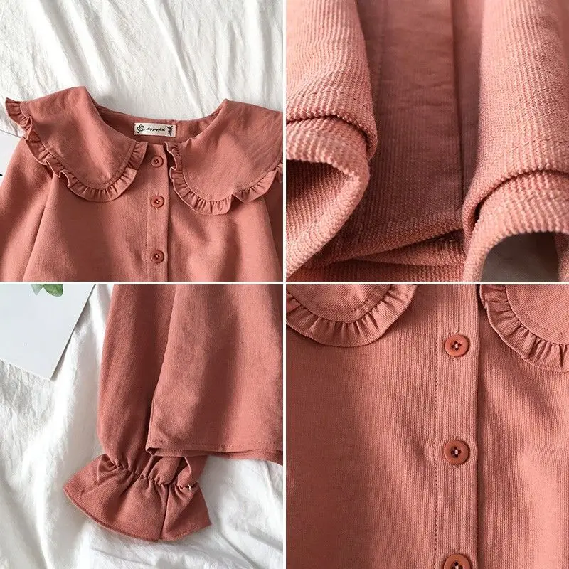 

Blouses Shirts Women Peter Pan Collar Solid Ruffles Harajuku All-match Sweet Flare Sleeve Plus Size 3XL Chic Vintage Teens Retro