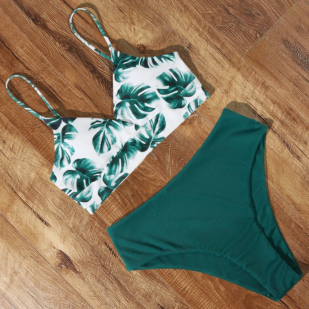 Купальник женский с высокой талией комплект бикини чашками пуш ап однотонный