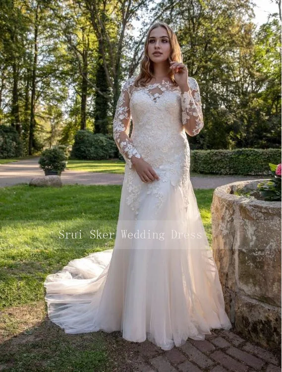 Elegant Sheath Champagne Wedding Dress Long Sleeve with Appliques Tulle Gowns 2019 Bridal Dresses Custom Made | Свадьбы и торжества
