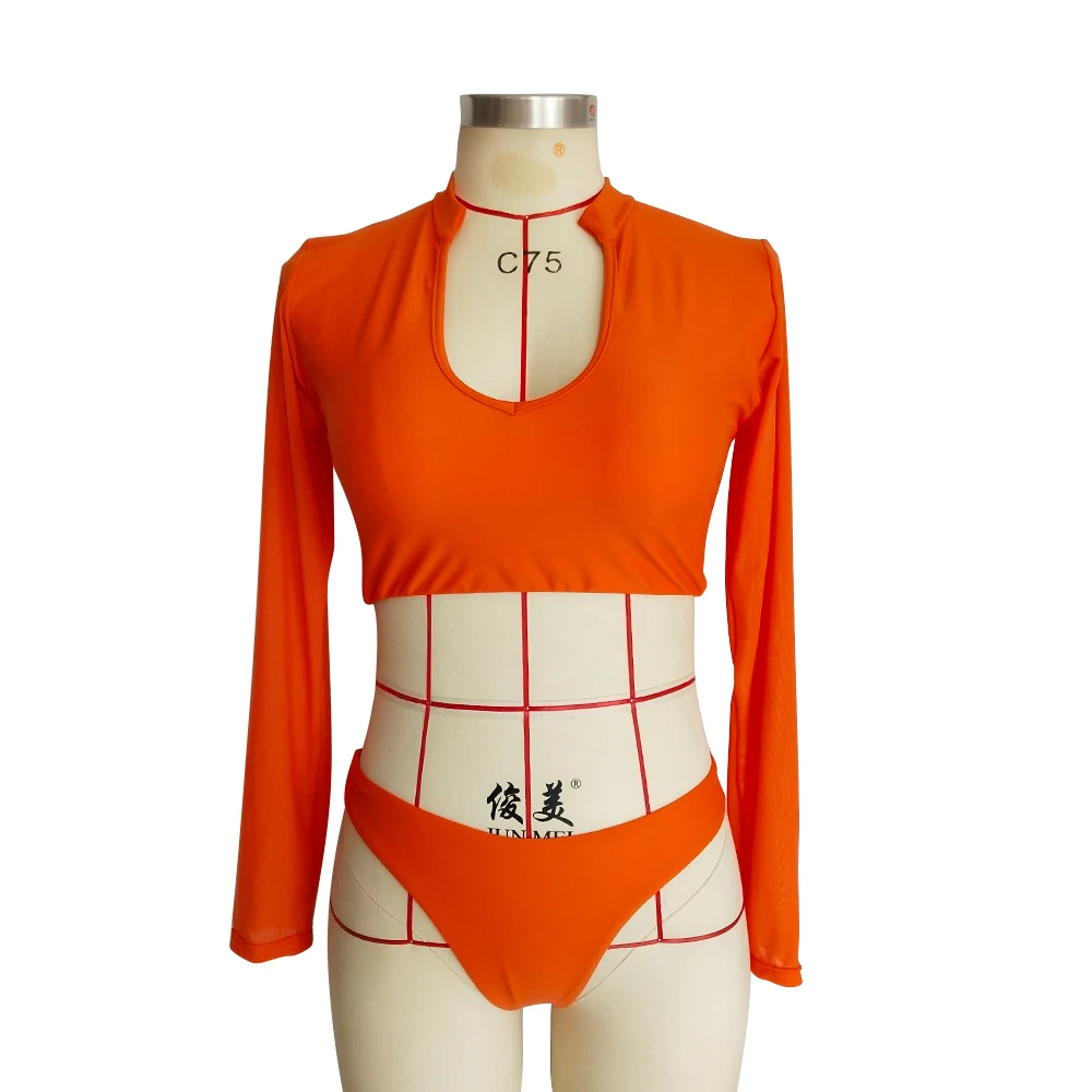 

New Sexy U Neck Long Sleeve Bikini Set Push Up Two Piece Swimsuit Women Bathing Suits Mesh Low Waist Swimwear Monokini Bathers