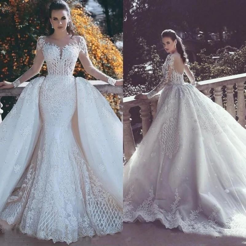 

Arabic Mermaid Wedding Dresses With Detachable Skirt Sheer Neck Long Sleeve Vintage Court Train Appliques Beading Bridal Gowns