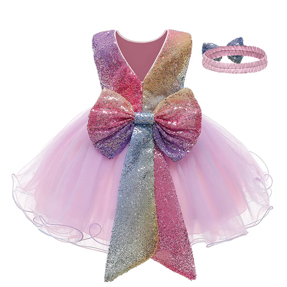 

LZH Flower Girls Wedding Party Dresses For Baby Girls Sequins Bow Princess Dress Infant 1st Year Birthday Dress Newborn Clothes