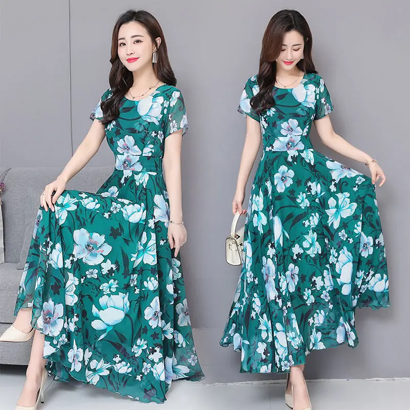 Летняя мода Цветочный принт шифоновое платье женские большие размеры элегантный