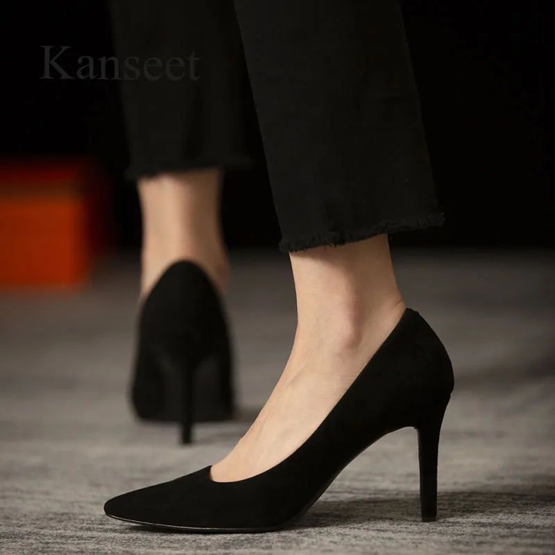 

Туфли Kanseet женские на высоком каблуке, модные пикантные, заостренный носок, замша, вечерняя офисная обувь ручной работы, черные, весна 2022