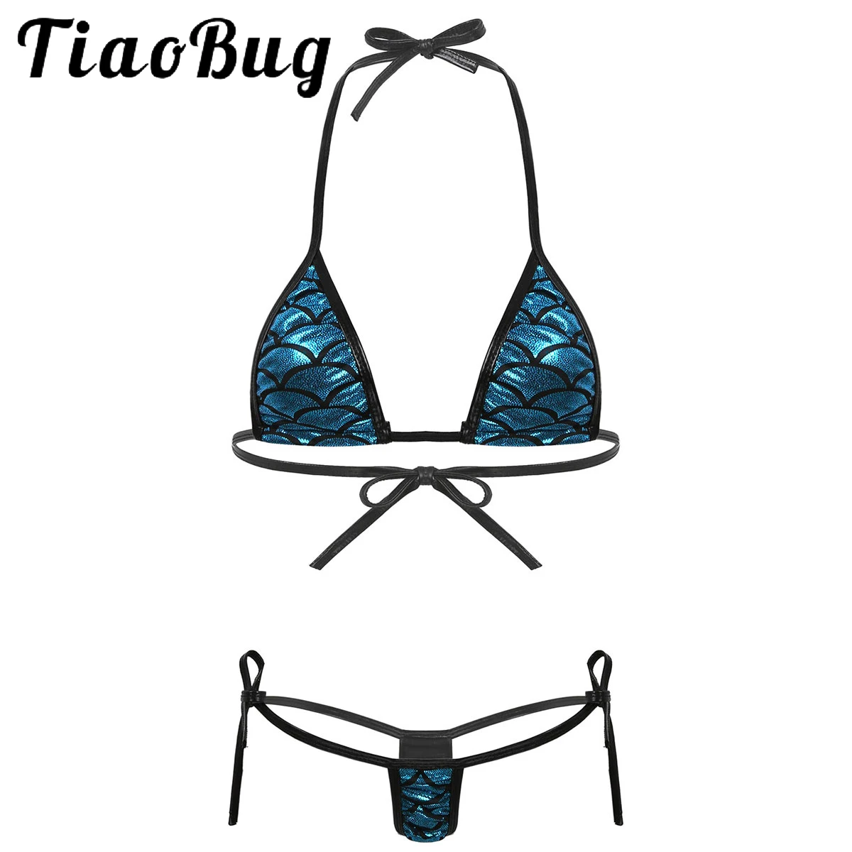 

Women Sexy Lingerie Set Shiny Metallic Mermaid Fish Scales Print Bikini Halter Self-tie Bra G-String Underwear Swim Beachwear