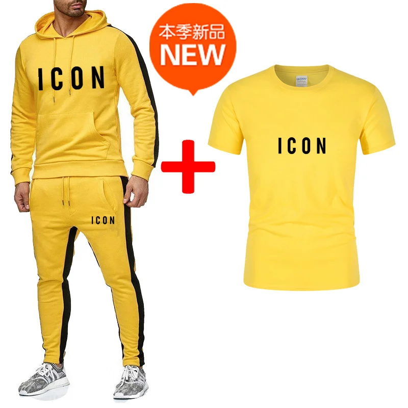 

New Fashion Men's Hooded + Pants + T-Shirt Three-Piece Casual Stitching Suit Sportswear Brand Suit 2021 Spring and Autumn Models