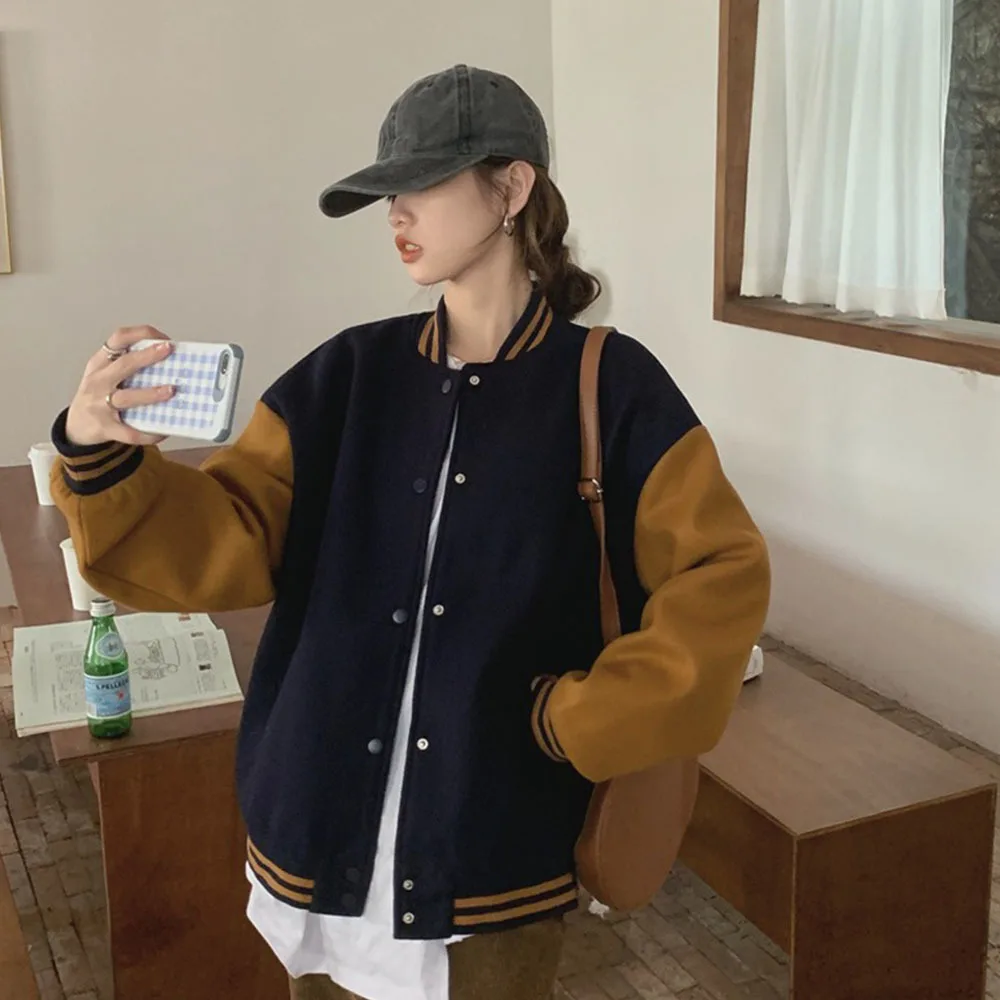 

Korean Women's Baseball Uniform Color Blocking Oversized Females Jacket Patchwork Casual Women Coats For Autumn Winter Jackets