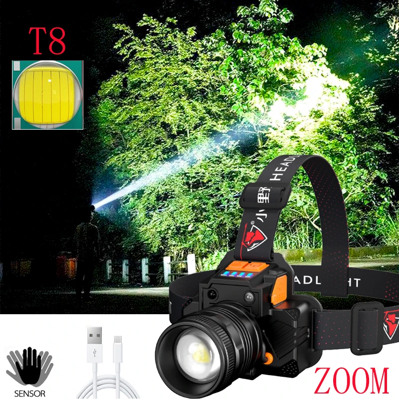 

Rechargeable Zoom Sensor LED Headlamp T8 8000Lumen Fishing Headlight Hunting Head Lamp Camping Headlamp Built-in 18650 Battery