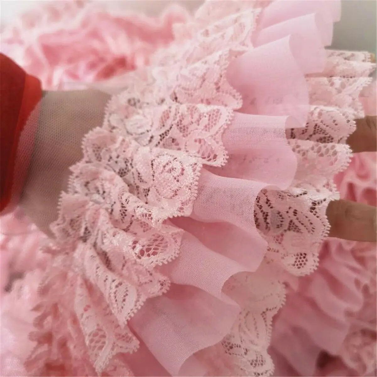 

50CM Pink Chiffon Ruffle Lace Trim 3 Layer Pleated Ribbon Sewing 3.94'' Width