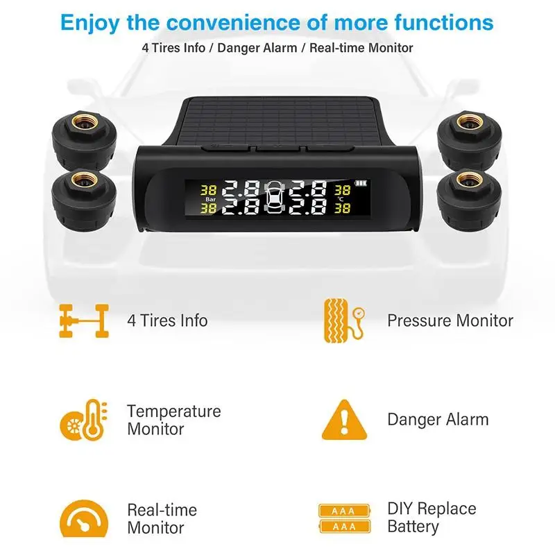 

TPMS Tire Pressure Monitoring System Wireless Alarm Tire Pressure Sensor Auto Security Alarm Systems LCD Display Tyre Pressure