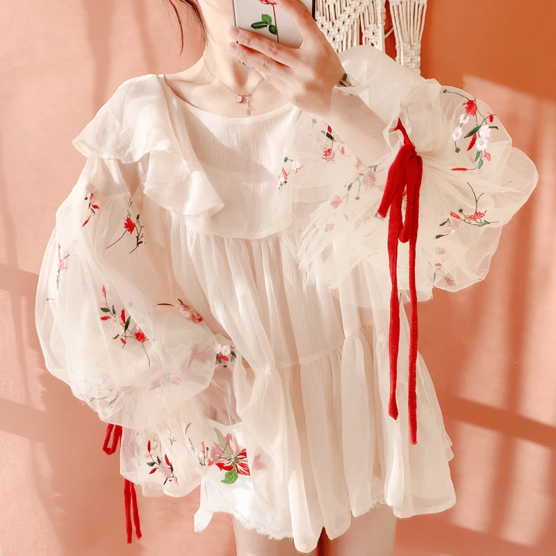 Blouses Spring Summer Women Korean Kawaii Sweet Cute Embroidery Patchwork Imitation Silk Chiffon Blouse Casual Oversize Shirts
